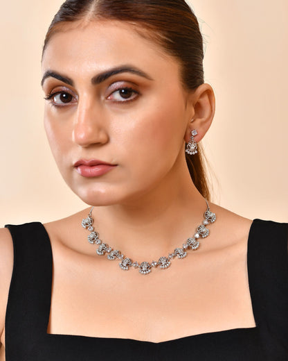 VOJ Silver Plated Ad Stone Temple Jewellery Set