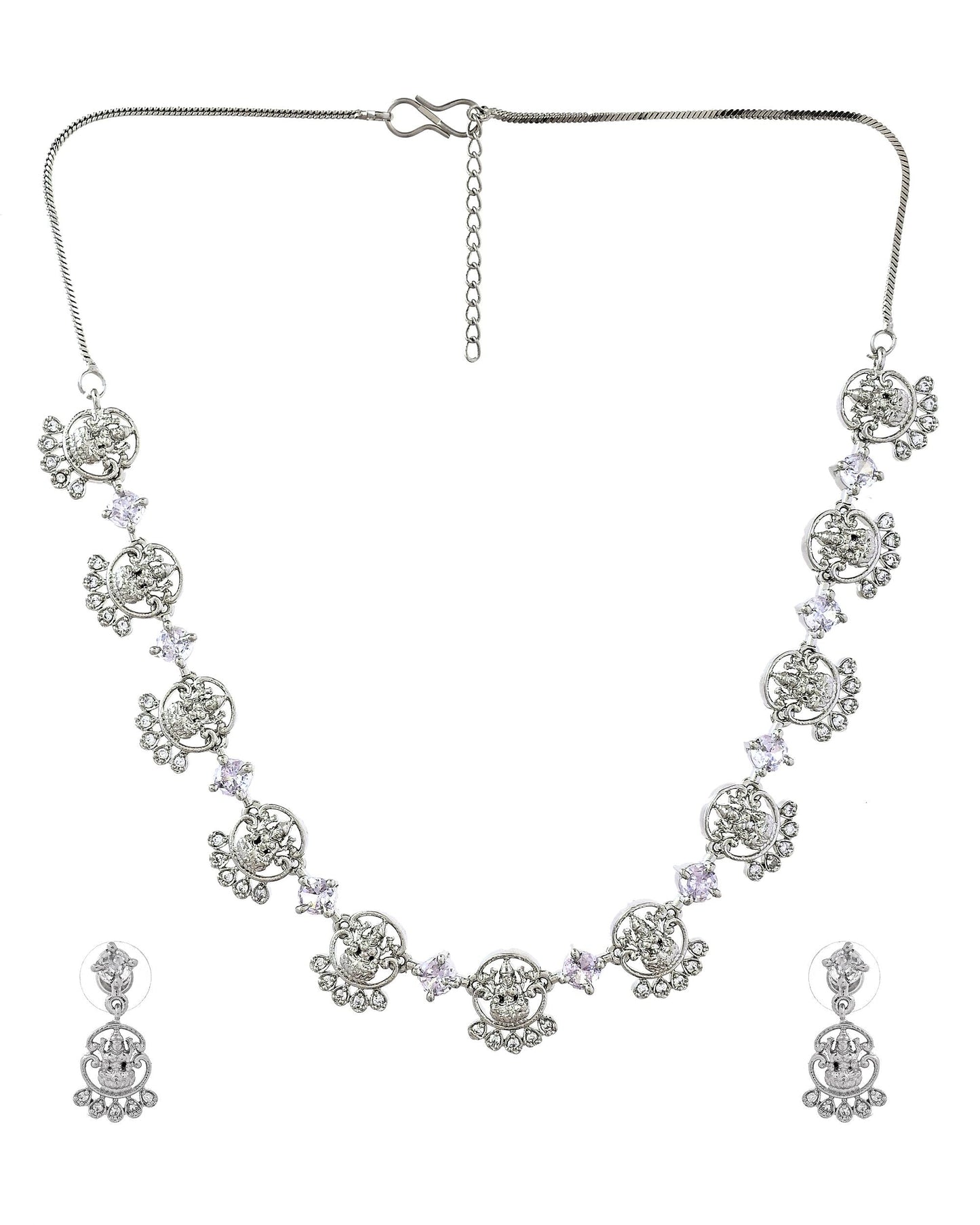 VOJ Silver Plated Ad Stone Temple Jewellery Set