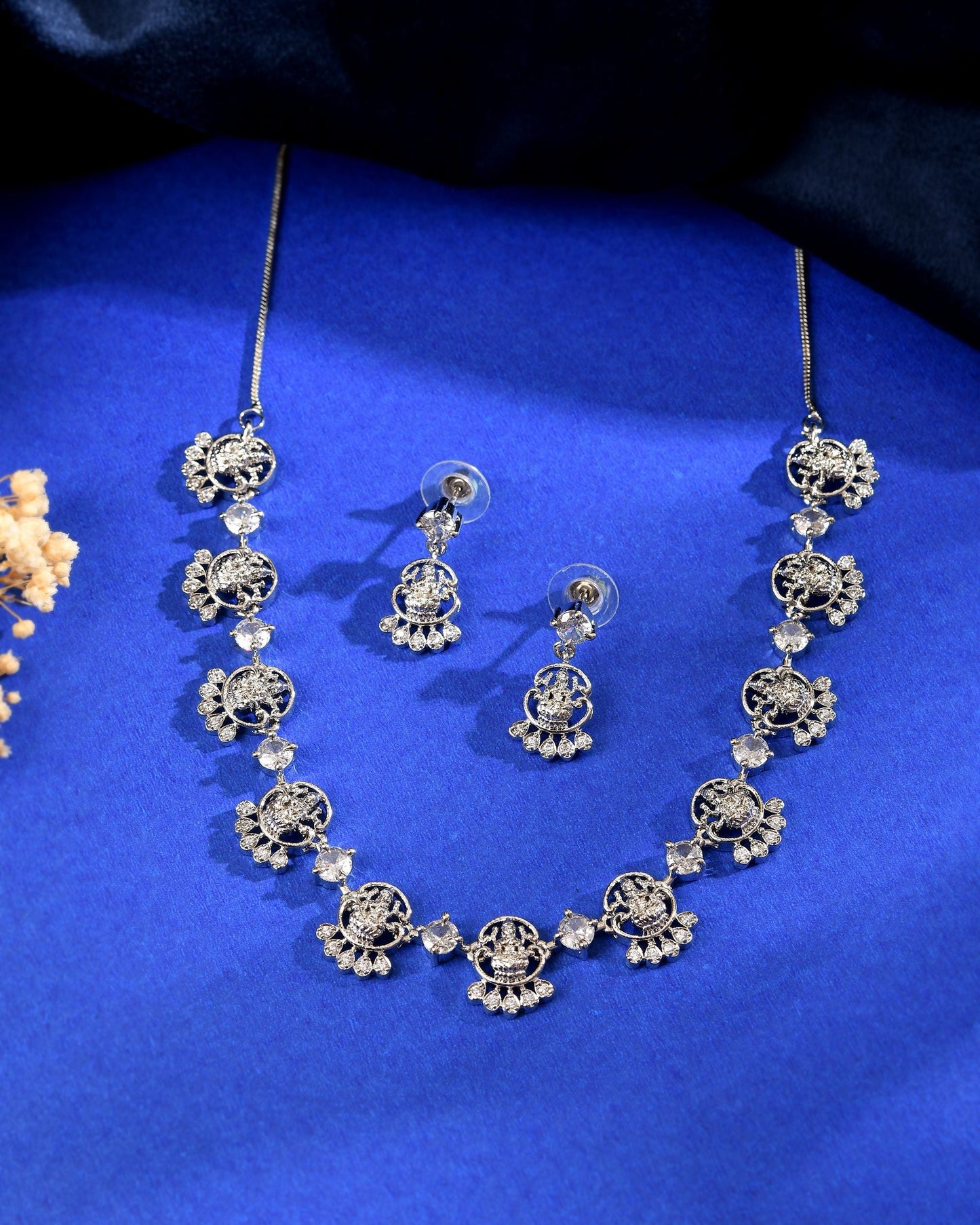 VOJ Silver Plated Ad Stone Temple Jewellery Set