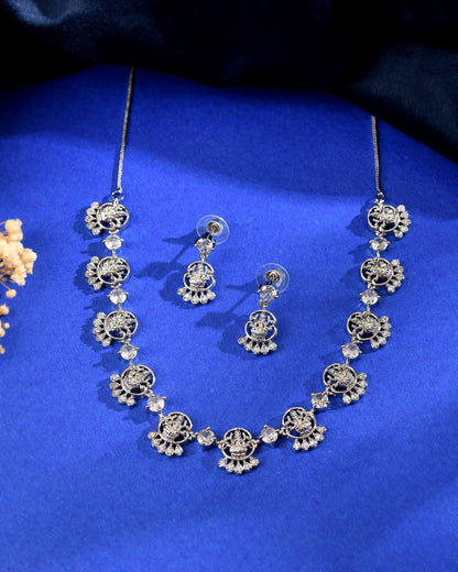VOJ Silver Plated Ad Stone Temple Jewellery Set