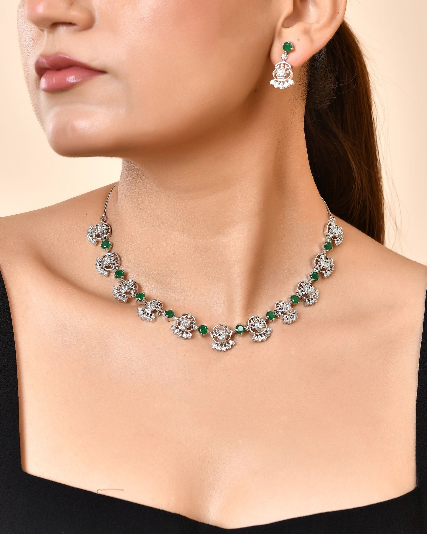 VOJ Silver Plated Ad Green Stone Temple Jewellery Set
