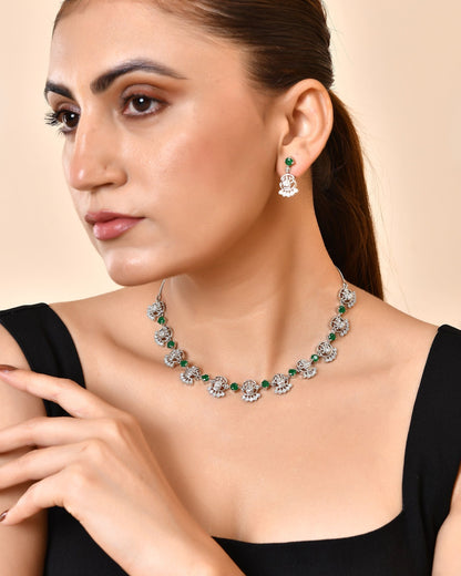 VOJ Silver Plated Ad Green Stone Temple Jewellery Set