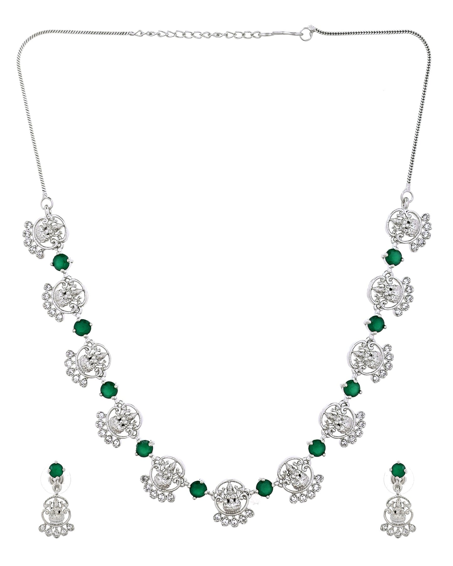 VOJ Silver Plated Ad Green Stone Temple Jewellery Set