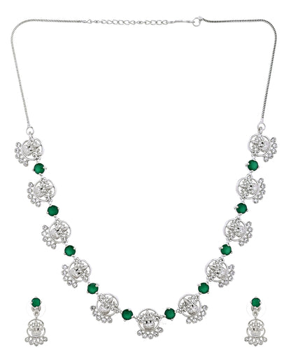 VOJ Silver Plated Ad Green Stone Temple Jewellery Set