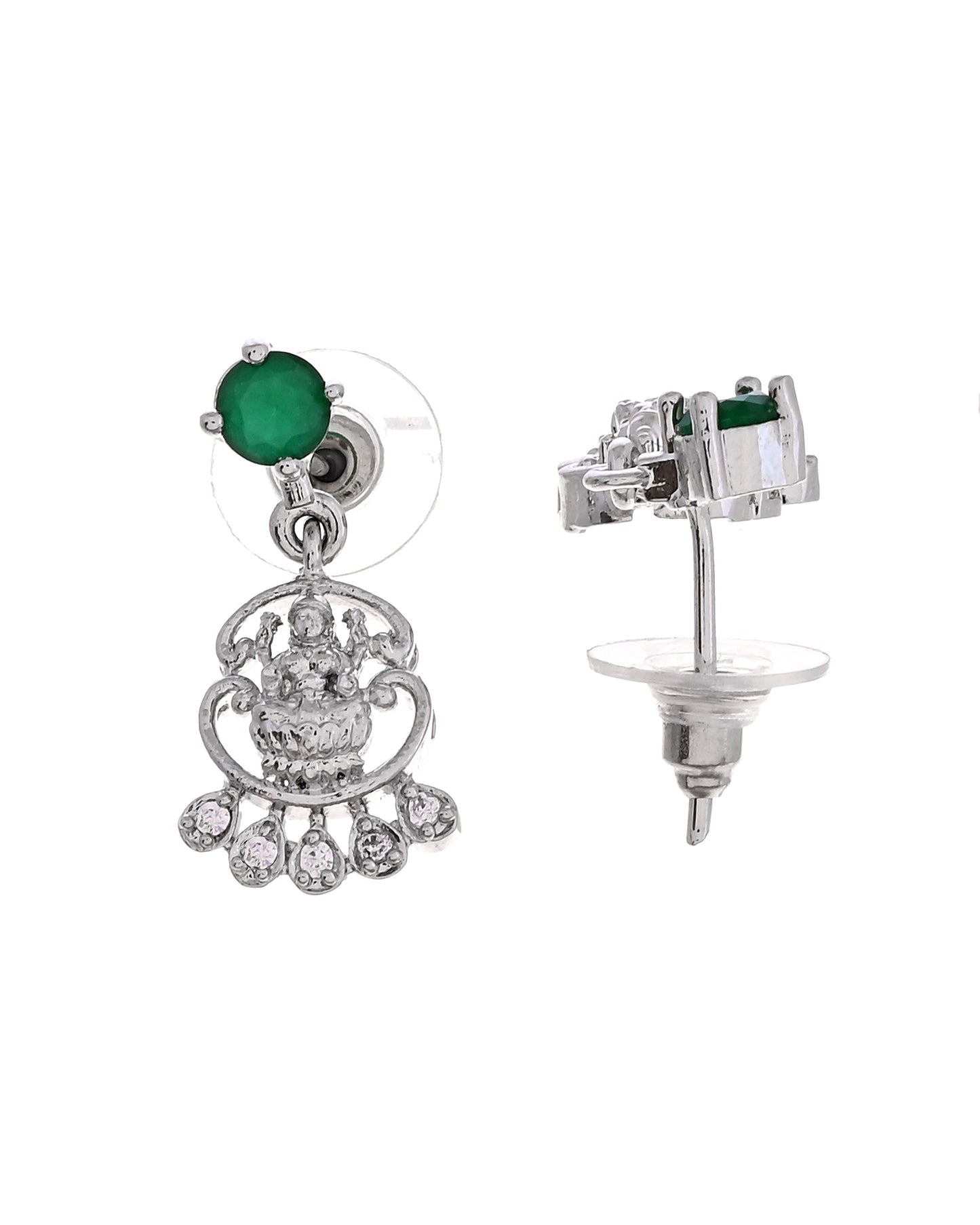VOJ Silver Plated Ad Green Stone Temple Jewellery Set