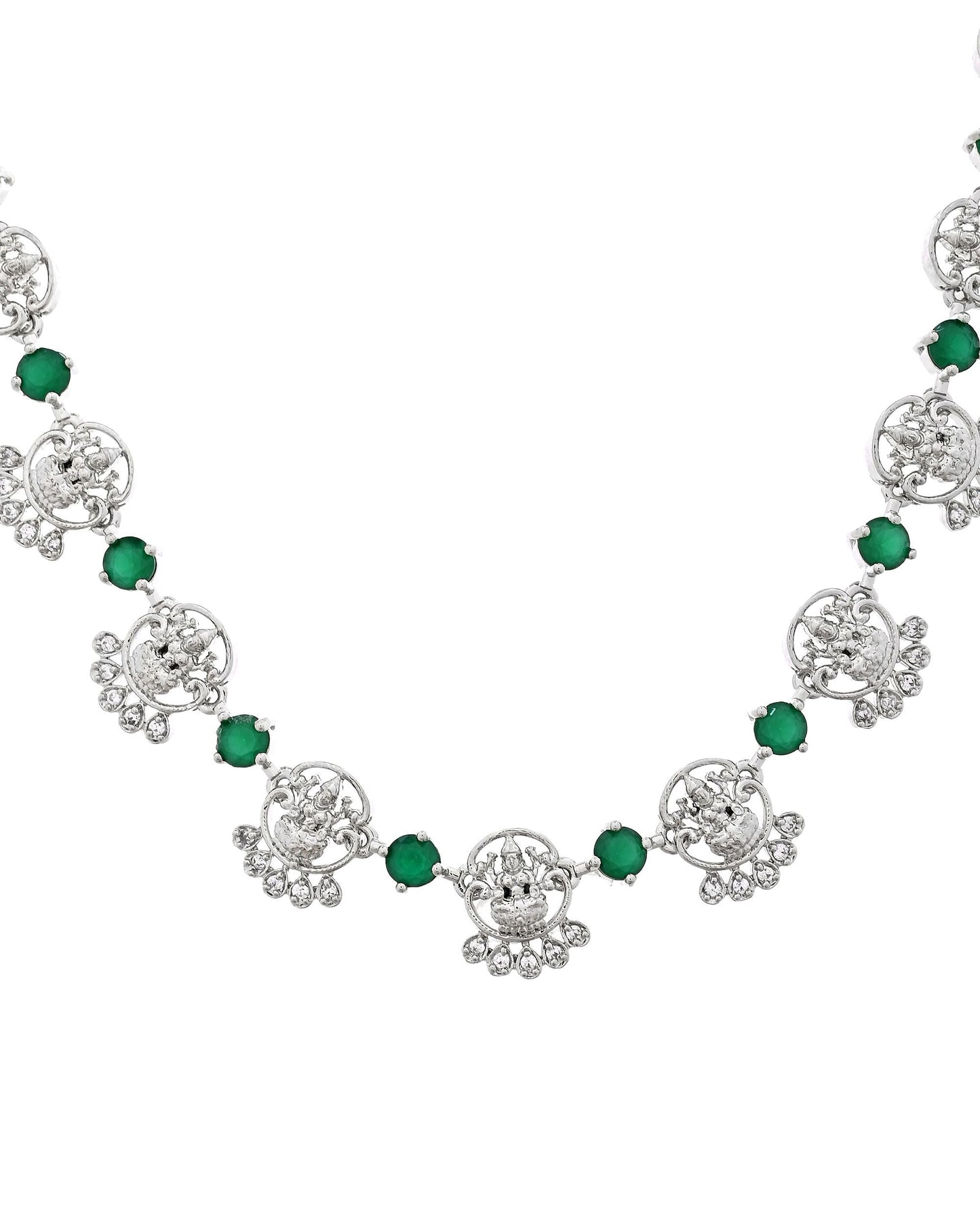 VOJ Silver Plated Ad Green Stone Temple Jewellery Set