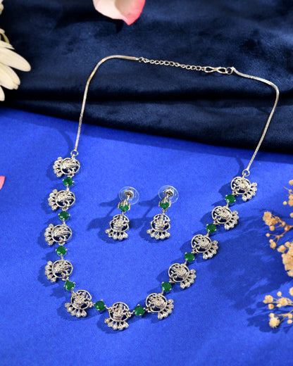 VOJ Silver Plated Ad Green Stone Temple Jewellery Set