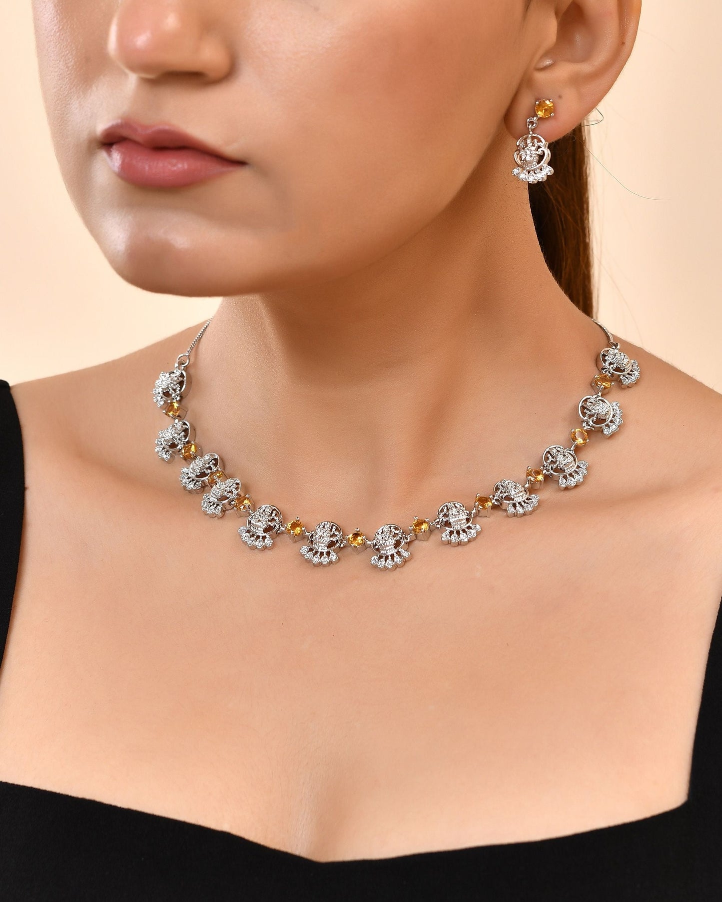 VOJ Silver Plated Ad Yellow Stone Temple Jewellery Set