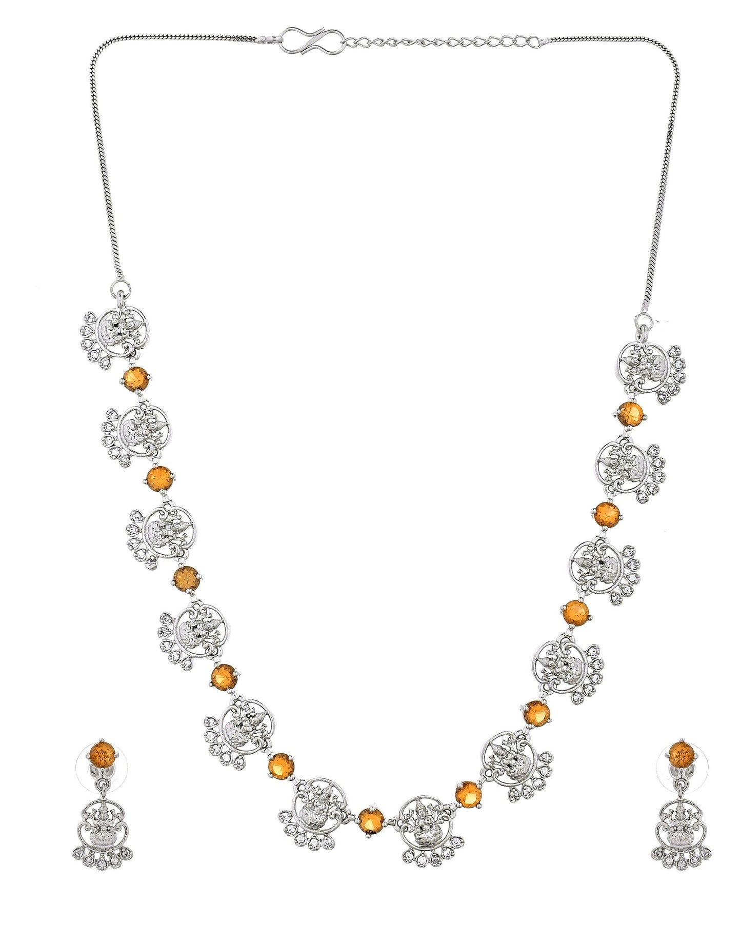 VOJ Silver Plated Ad Yellow Stone Temple Jewellery Set