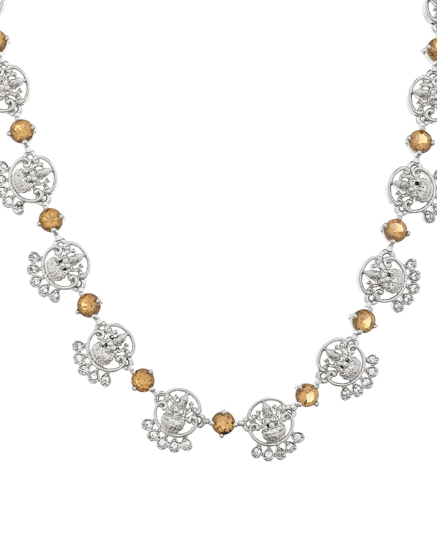 VOJ Silver Plated Ad Yellow Stone Temple Jewellery Set
