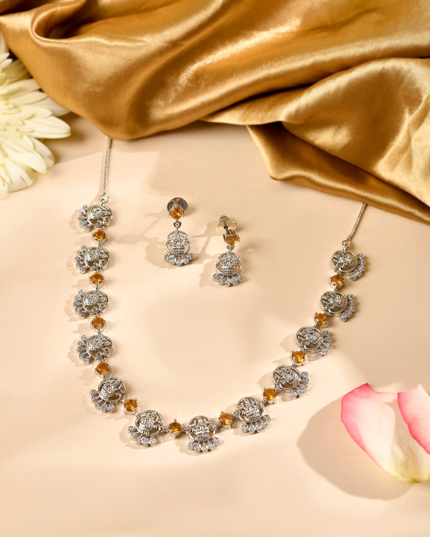 VOJ Silver Plated Ad Yellow Stone Temple Jewellery Set
