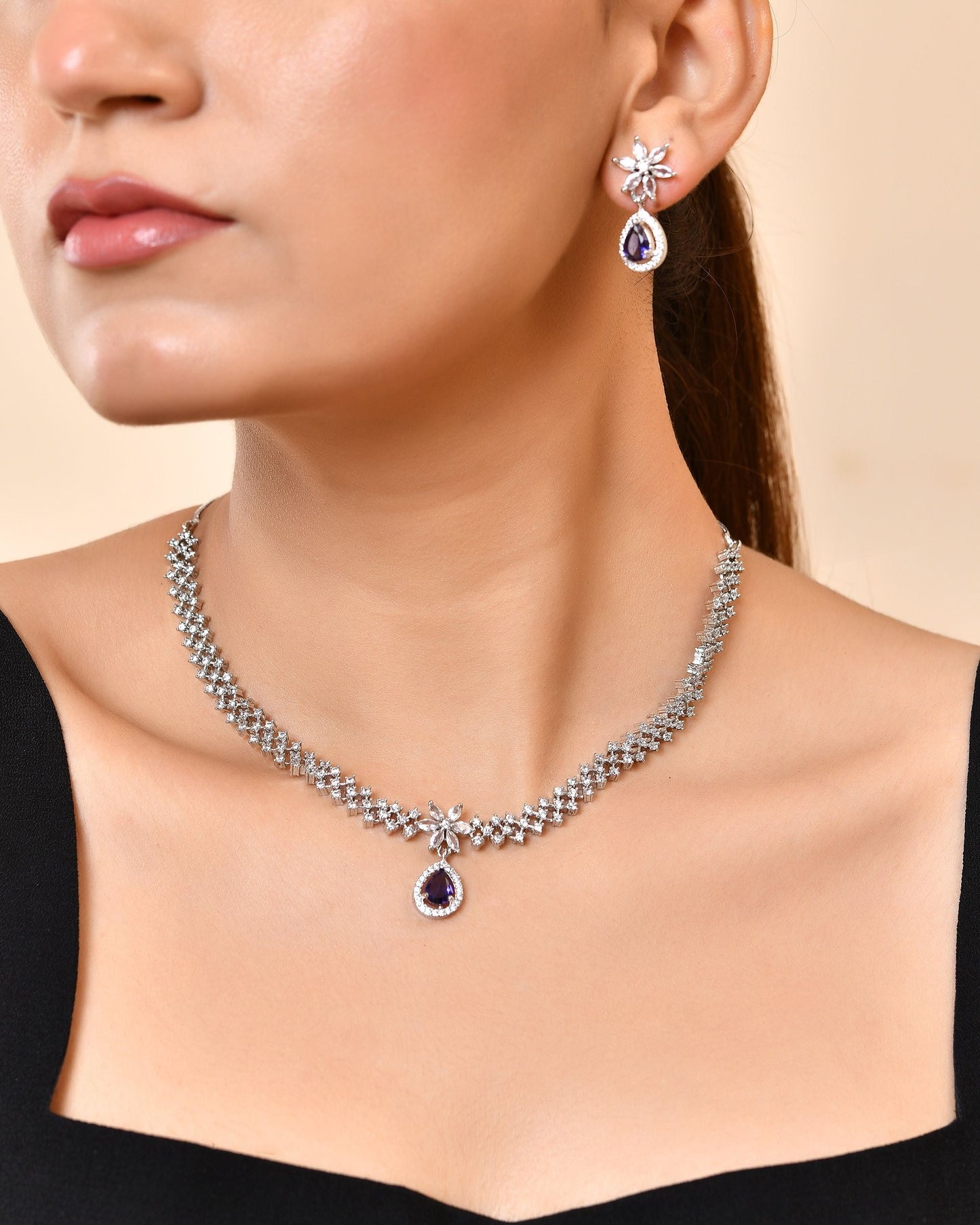 VOJ Silver Plated Purple Drop Shaped Ad Jewellery Set