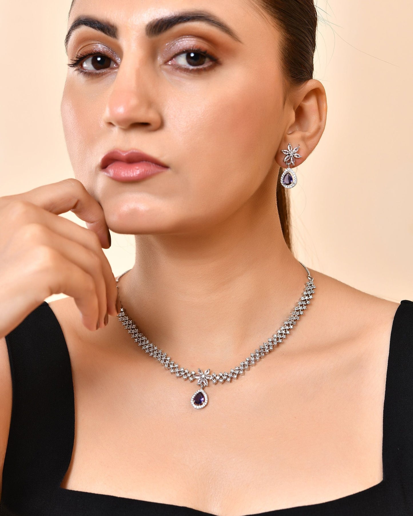 VOJ Silver Plated Purple Drop Shaped Ad Jewellery Set