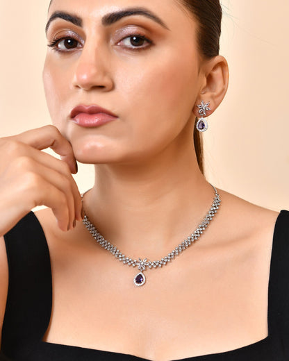 VOJ Silver Plated Purple Drop Shaped Ad Jewellery Set
