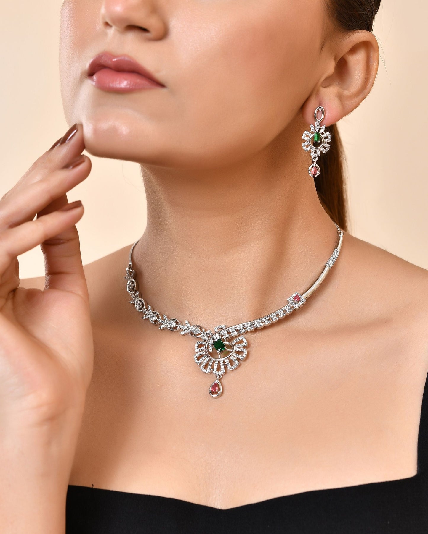 VOJ Silver Plated Ad Stone Studded Designer Necklace Set