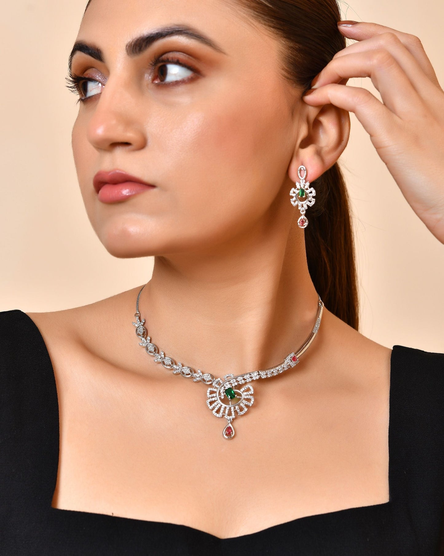 VOJ Silver Plated Ad Stone Studded Designer Necklace Set
