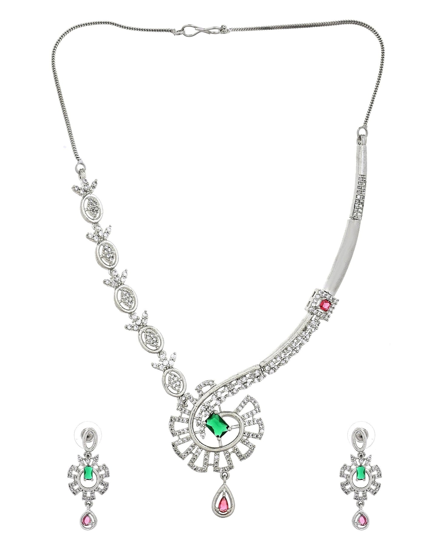 VOJ Silver Plated Ad Stone Studded Designer Necklace Set