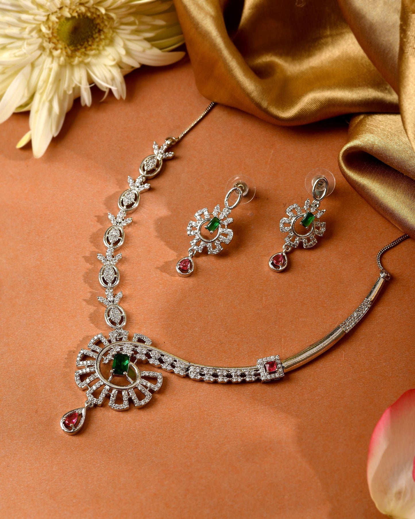 VOJ Silver Plated Ad Stone Studded Designer Necklace Set