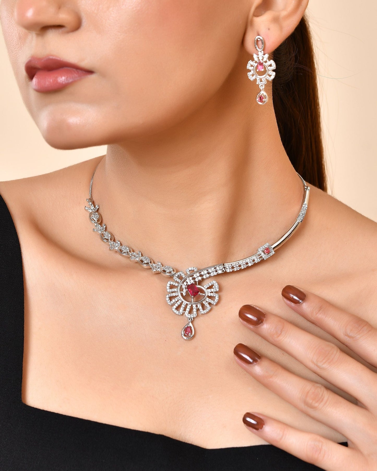 VOJ Silver Plated Ruby Red Ad Stone Studded Designer Necklace Set