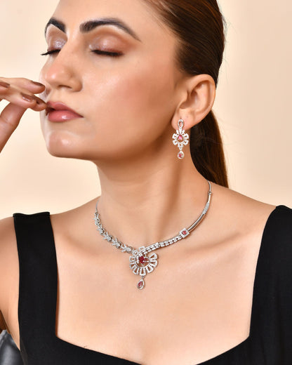 VOJ Silver Plated Ruby Red Ad Stone Studded Designer Necklace Set
