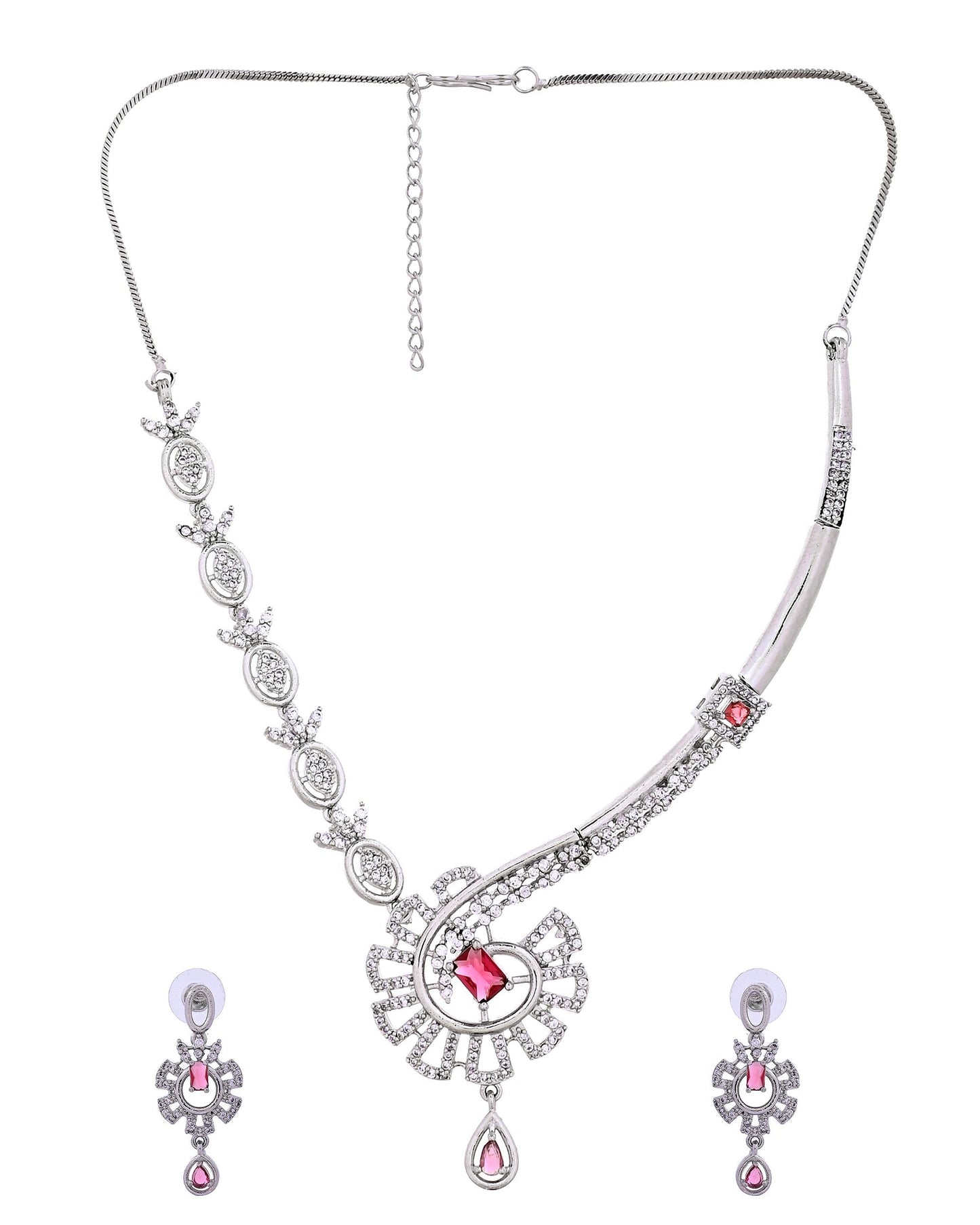 VOJ Silver Plated Ruby Red Ad Stone Studded Designer Necklace Set