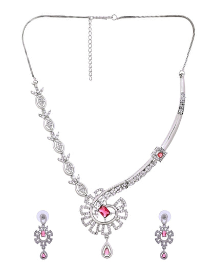 VOJ Silver Plated Ruby Red Ad Stone Studded Designer Necklace Set