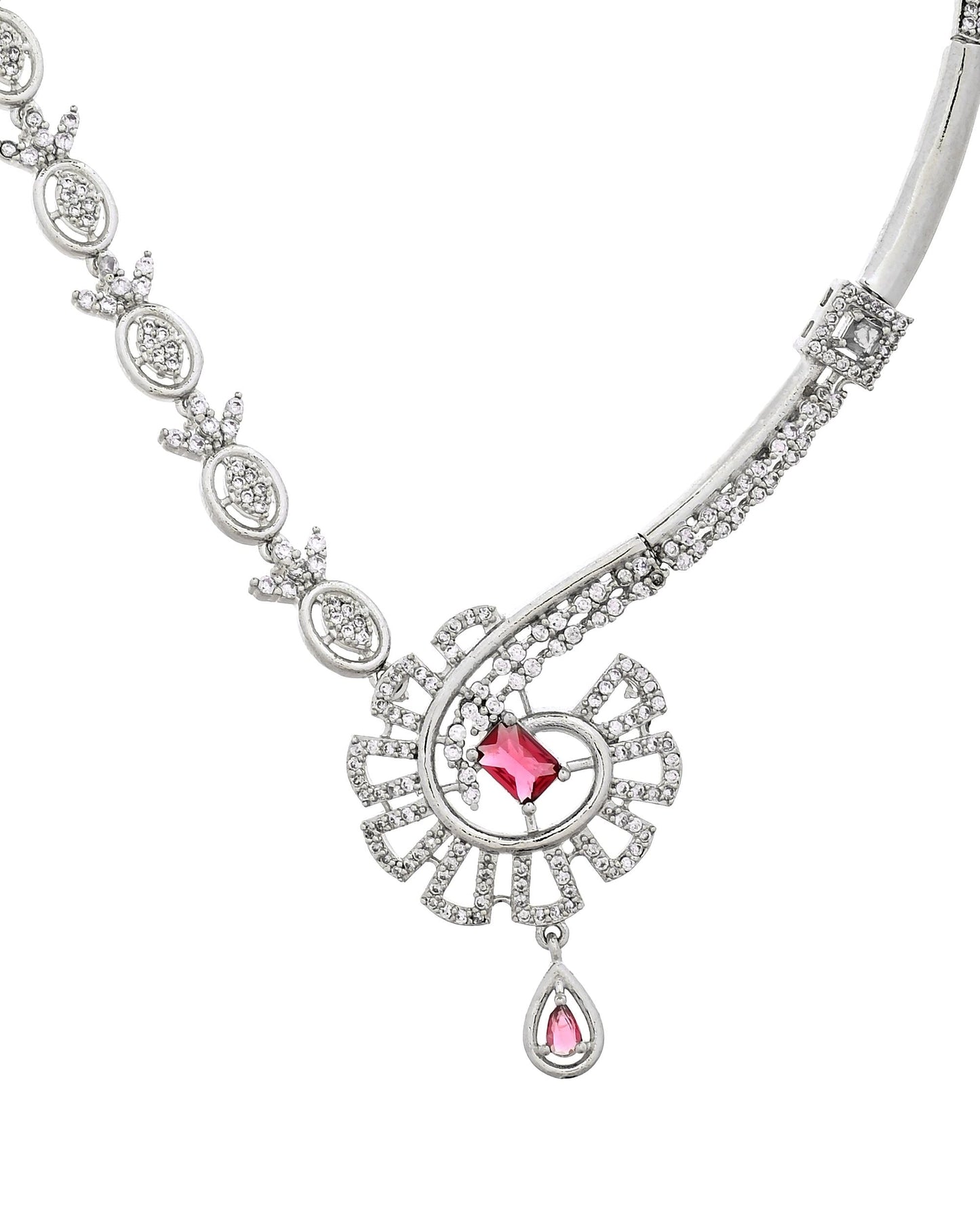 VOJ Silver Plated Ruby Red Ad Stone Studded Designer Necklace Set