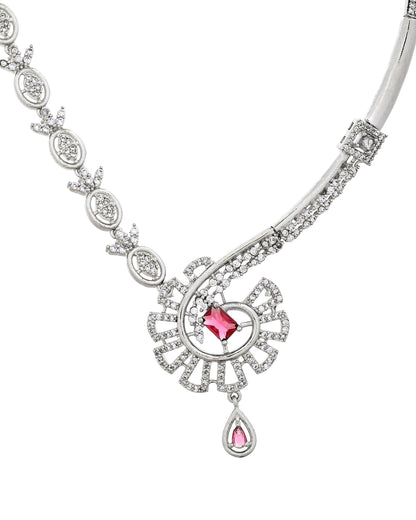 VOJ Silver Plated Ruby Red Ad Stone Studded Designer Necklace Set