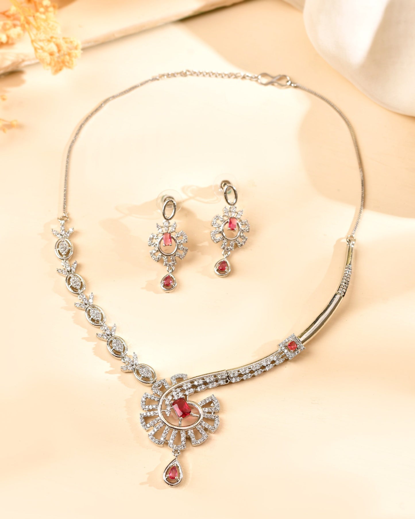 VOJ Silver Plated Ruby Red Ad Stone Studded Designer Necklace Set