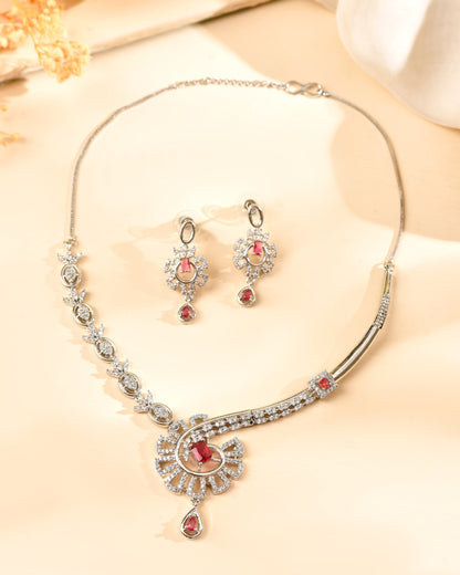 VOJ Silver Plated Ruby Red Ad Stone Studded Designer Necklace Set