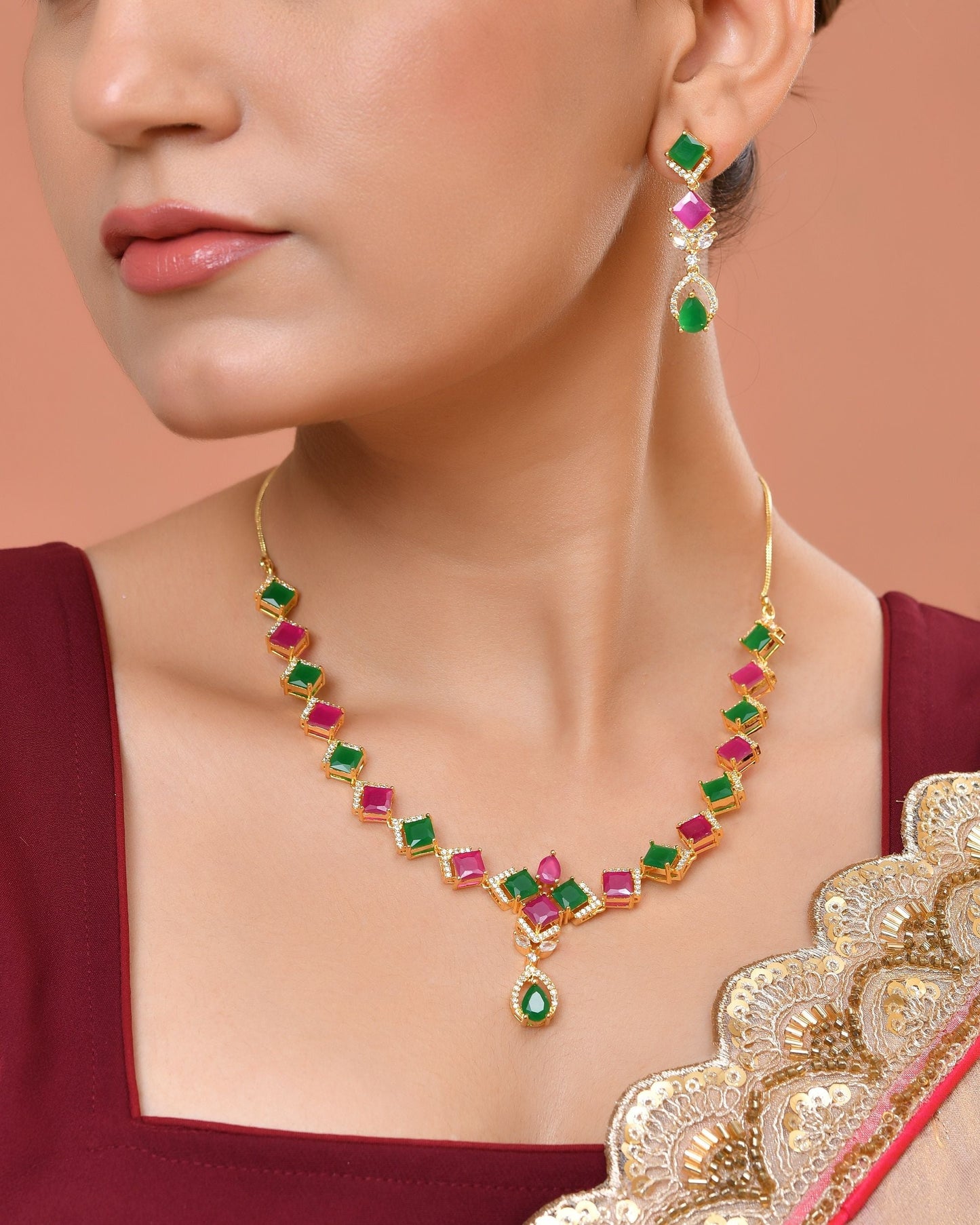 VOJ Gold Plated Green And Red Square Stone Studded Jewellery Set