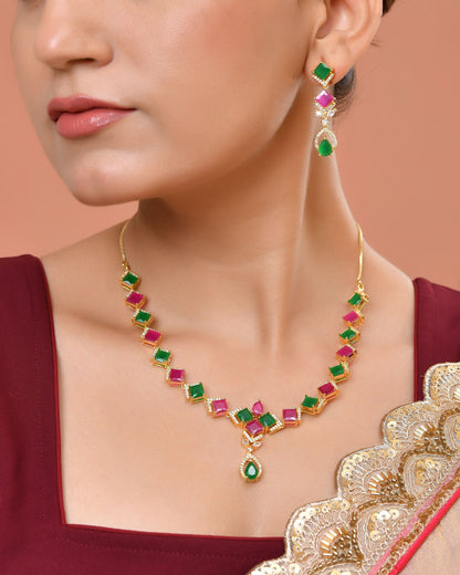 VOJ Gold Plated Green And Red Square Stone Studded Jewellery Set