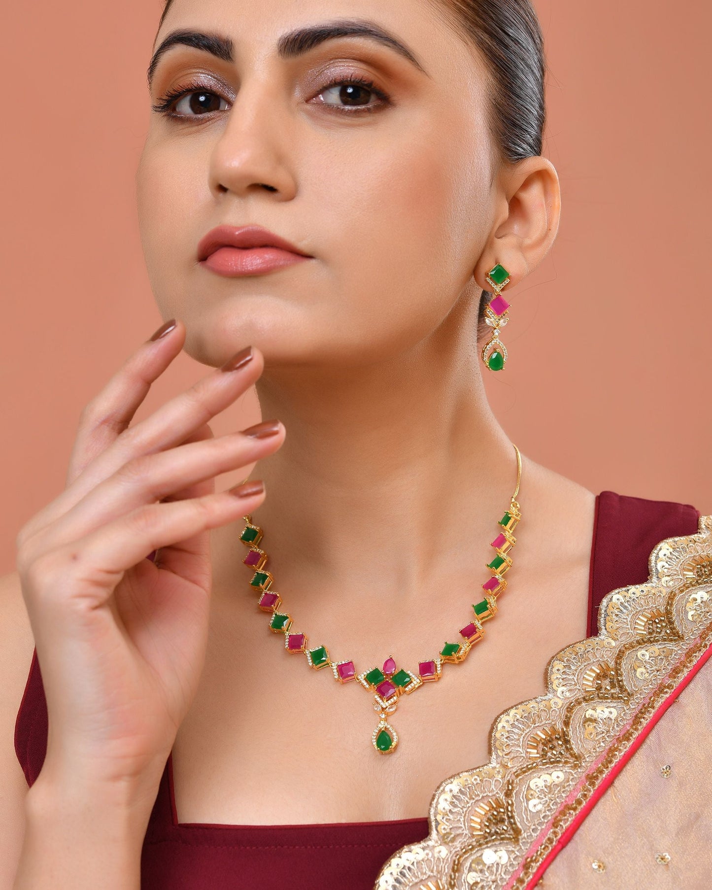VOJ Gold Plated Green And Red Square Stone Studded Jewellery Set