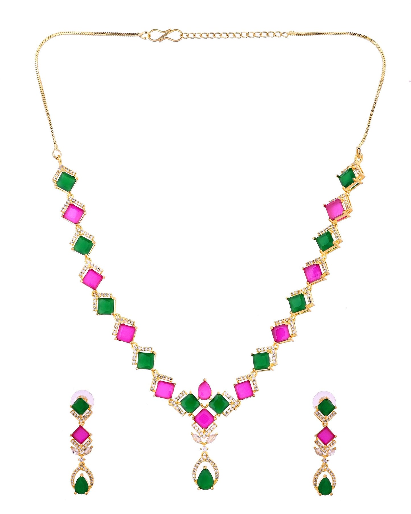 VOJ Gold Plated Green And Red Square Stone Studded Jewellery Set