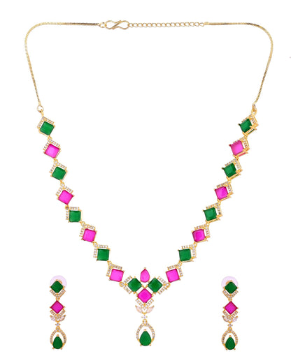 VOJ Gold Plated Green And Red Square Stone Studded Jewellery Set