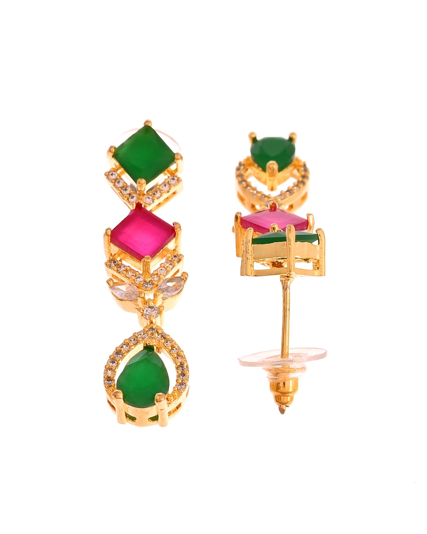 VOJ Gold Plated Green And Red Square Stone Studded Jewellery Set