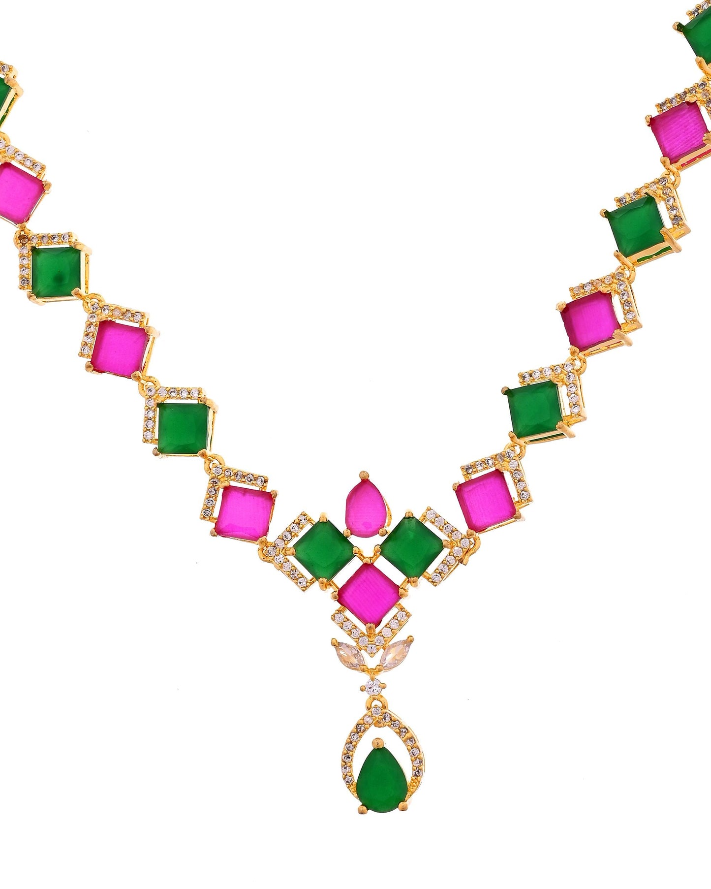 VOJ Gold Plated Green And Red Square Stone Studded Jewellery Set