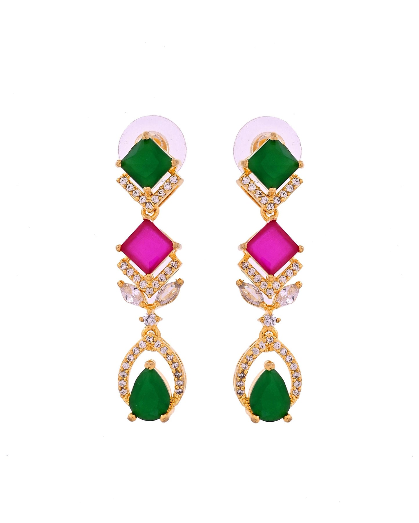 VOJ Gold Plated Green And Red Square Stone Studded Jewellery Set