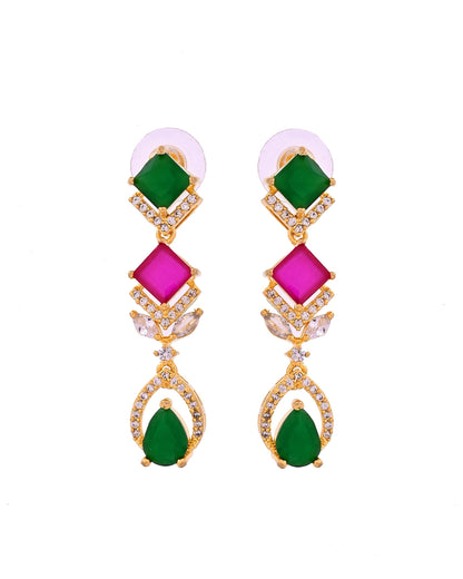 VOJ Gold Plated Green And Red Square Stone Studded Jewellery Set