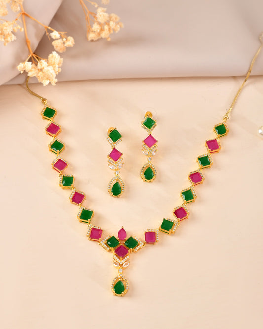 VOJ Gold Plated Green And Red Square Stone Studded Jewellery Set
