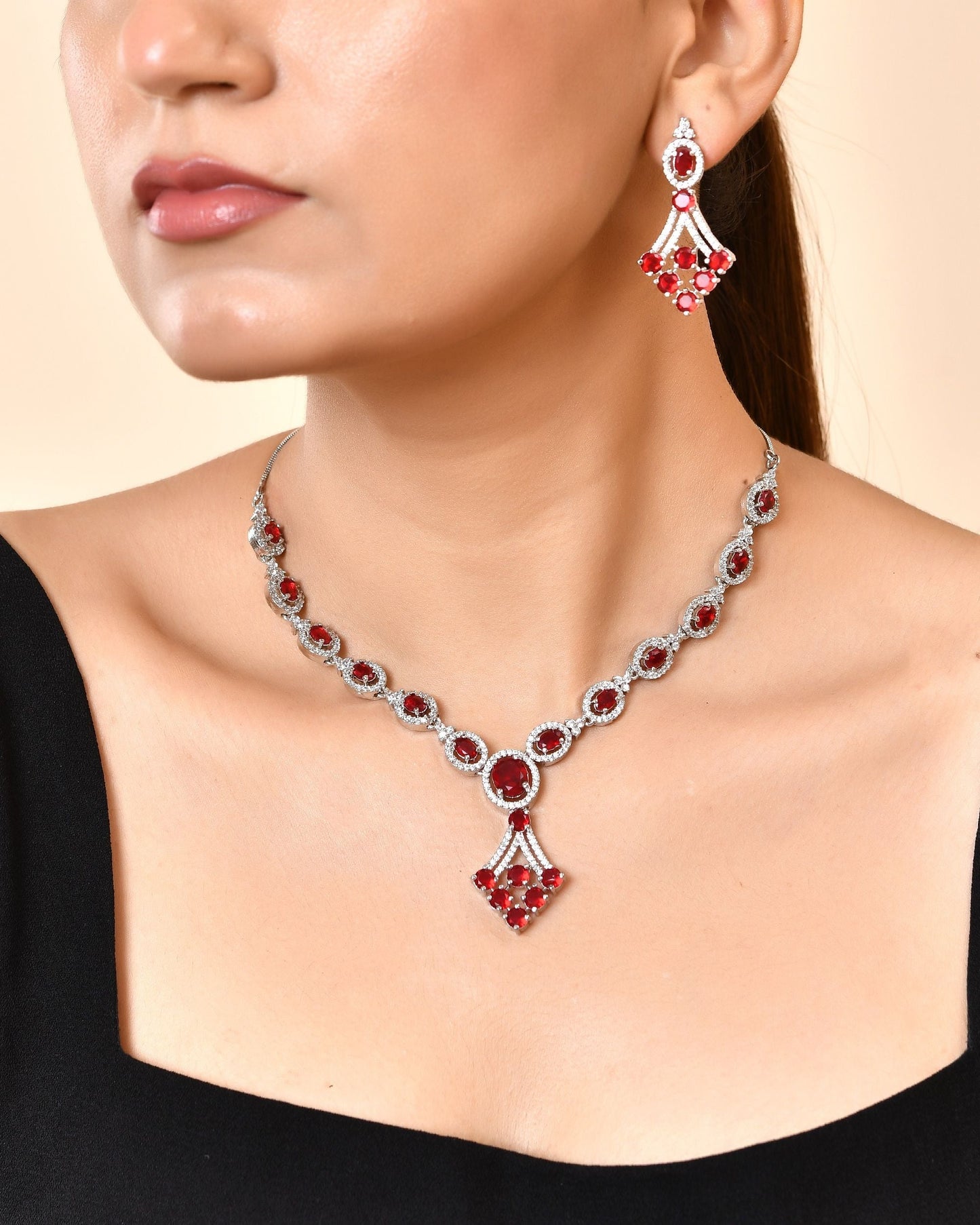 VOJ Silver Plated Ruby Red Ad Stone Studded Necklace Set