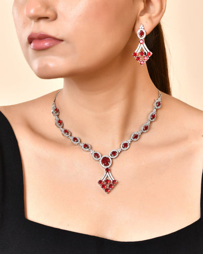 VOJ Silver Plated Ruby Red Ad Stone Studded Necklace Set