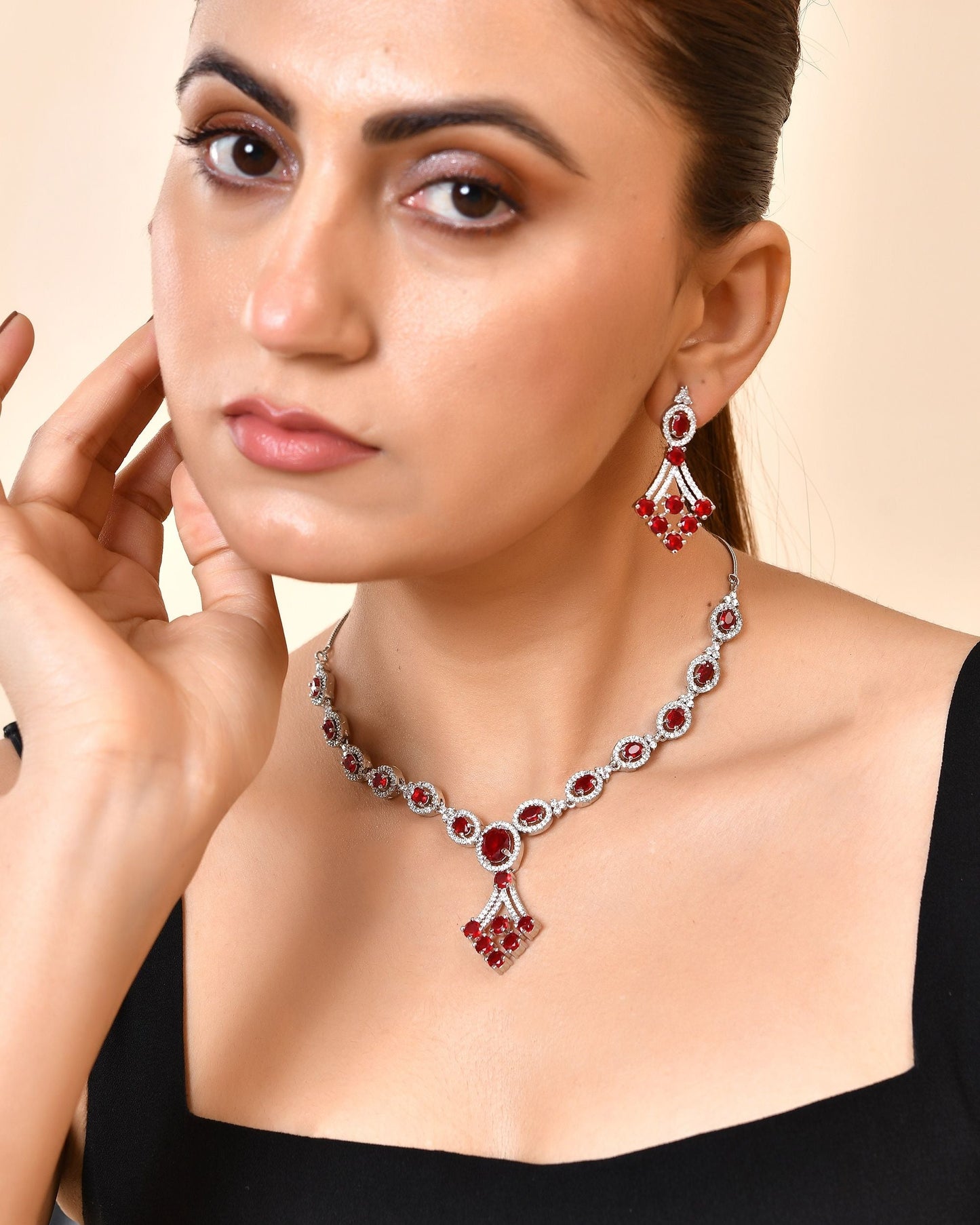 VOJ Silver Plated Ruby Red Ad Stone Studded Necklace Set