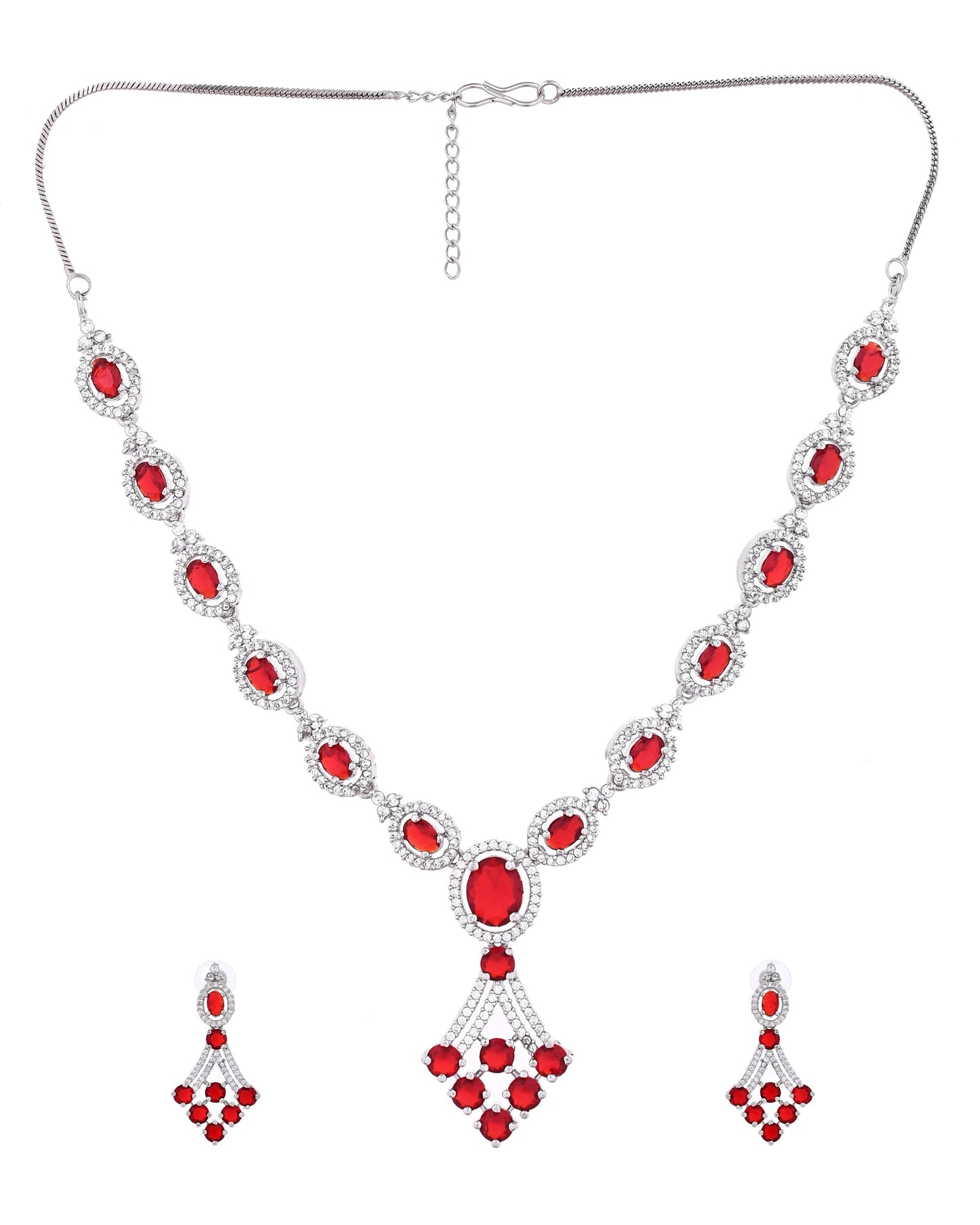 VOJ Silver Plated Ruby Red Ad Stone Studded Necklace Set