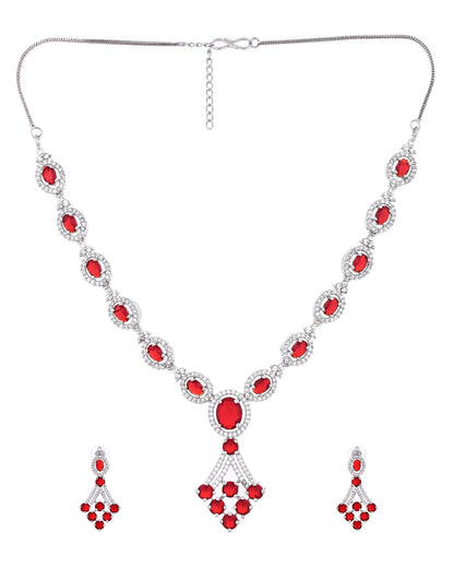 VOJ Silver Plated Ruby Red Ad Stone Studded Necklace Set