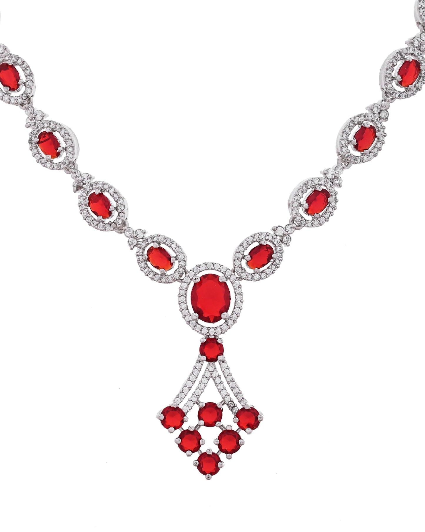 VOJ Silver Plated Ruby Red Ad Stone Studded Necklace Set