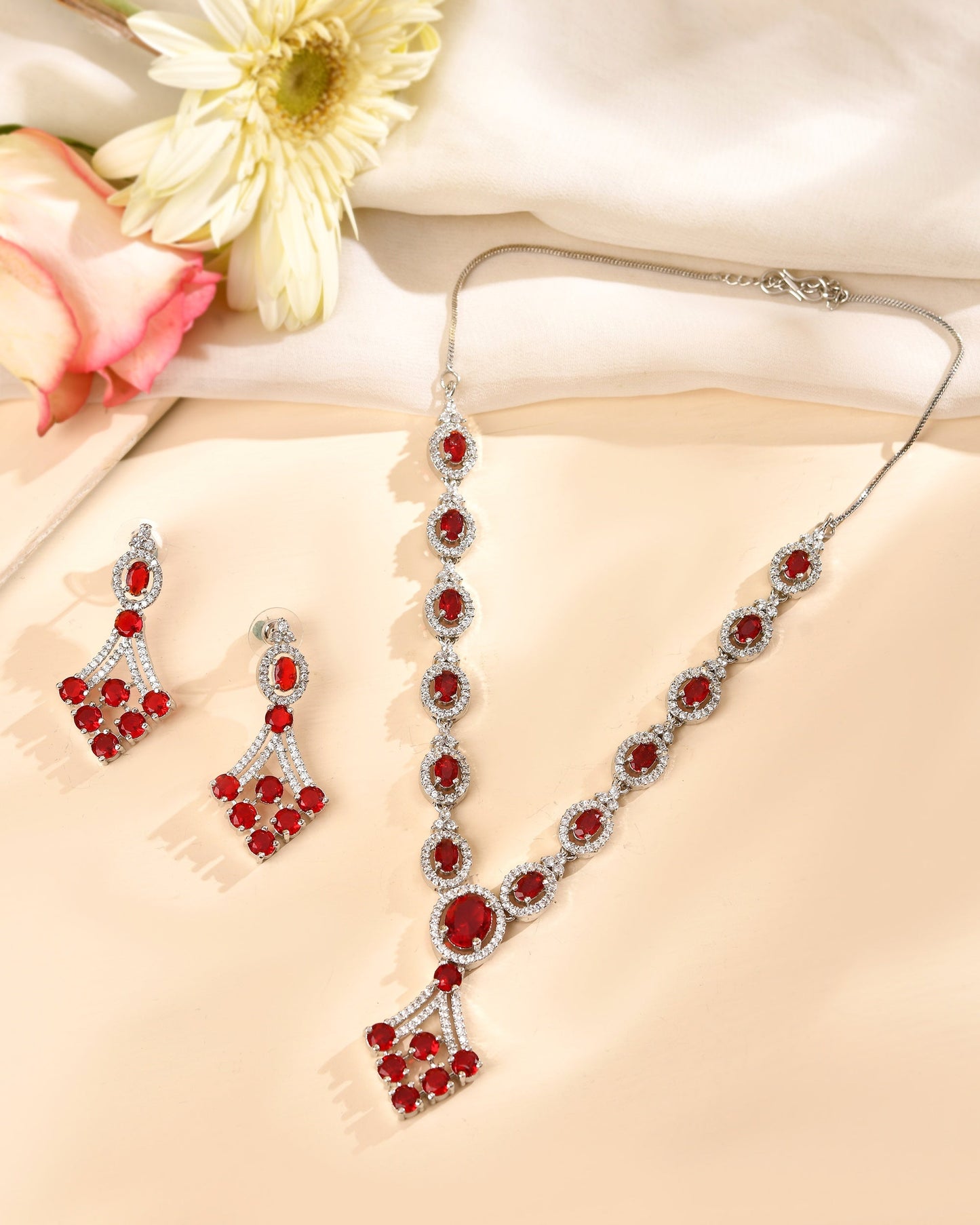 VOJ Silver Plated Ruby Red Ad Stone Studded Necklace Set