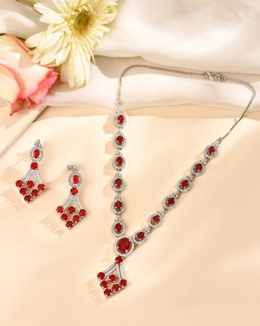 VOJ Silver Plated Ruby Red Ad Stone Studded Necklace Set