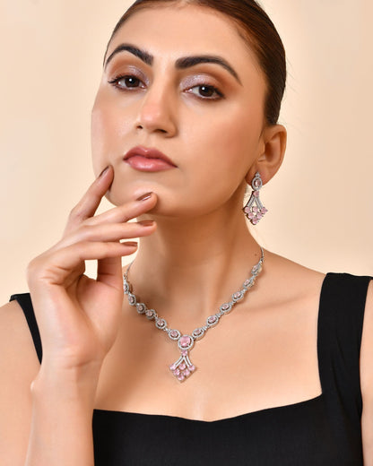 VOJ Silver Plated Baby Pink Ad Stone Studded Necklace Set