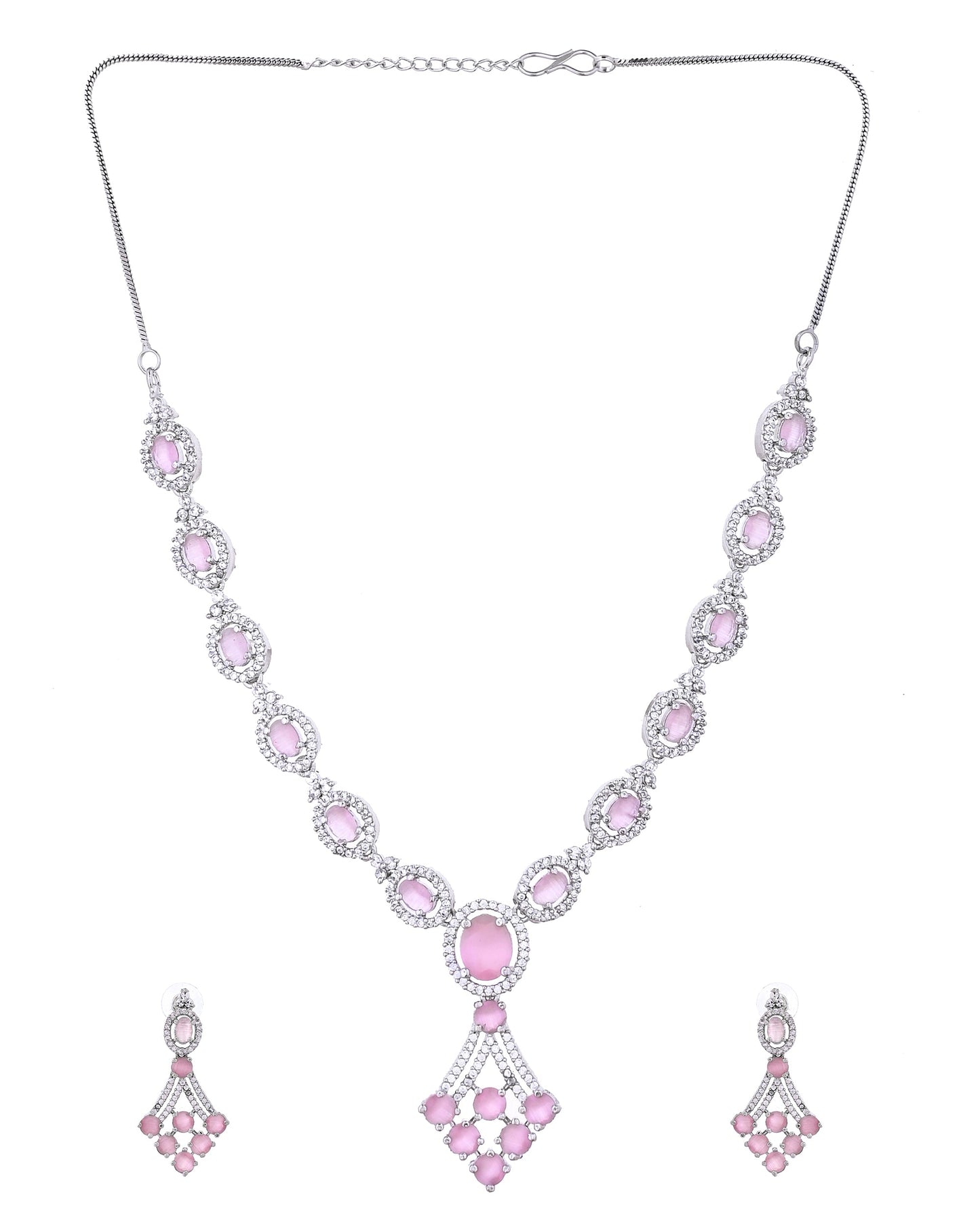 VOJ Silver Plated Baby Pink Ad Stone Studded Necklace Set